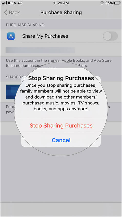 Tap on Stop Sharing Puchases in iOS 13 Family Sharing Settings