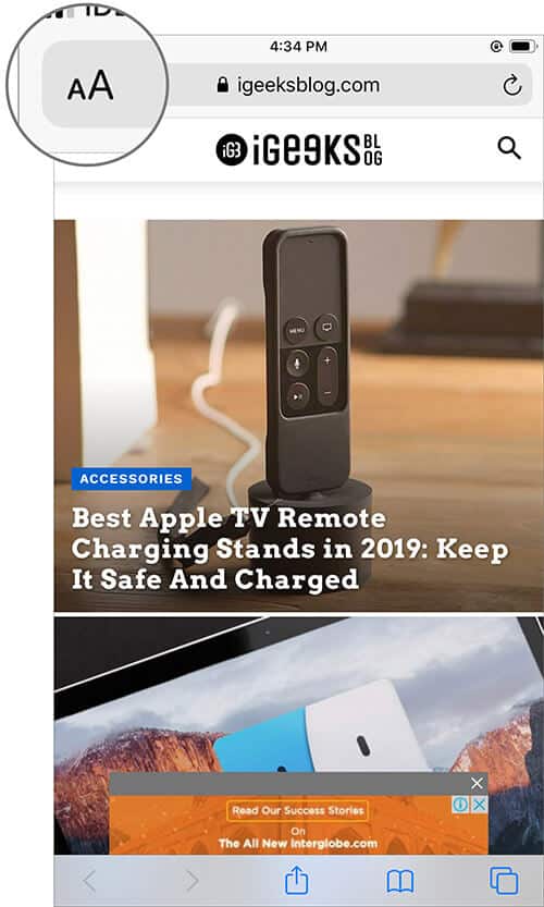 Tap on aA icon to Change Font Size in Safari on iPhone