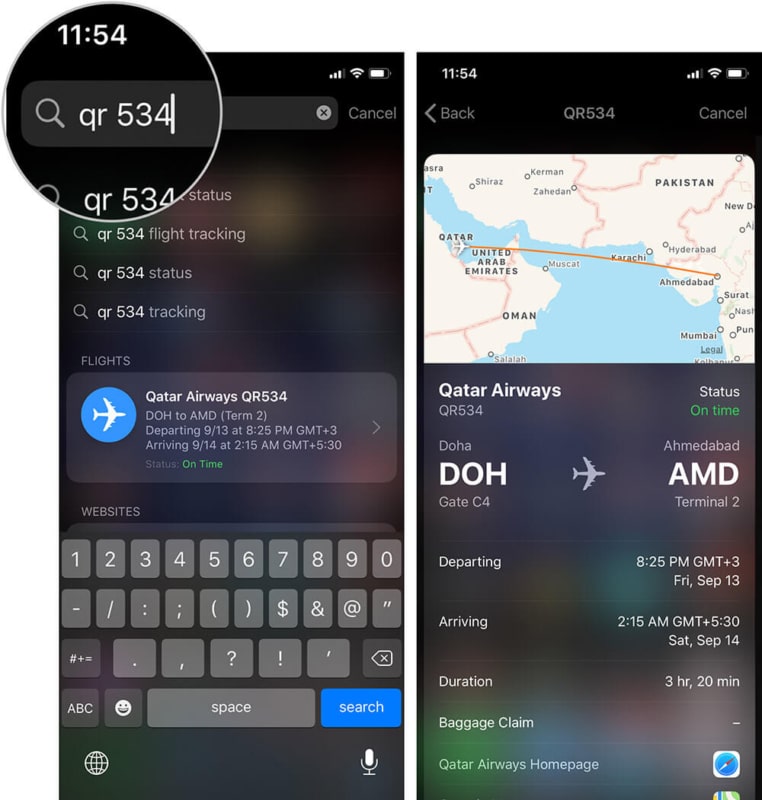 Track Flight on iPhone or iPad using Spotlight Search