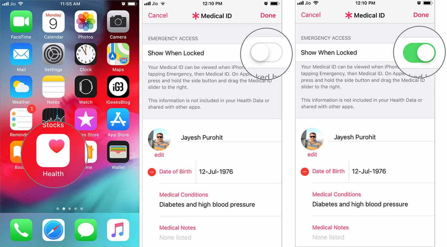 Turn on Show When Locked Option in Health App Medical ID on iPhone