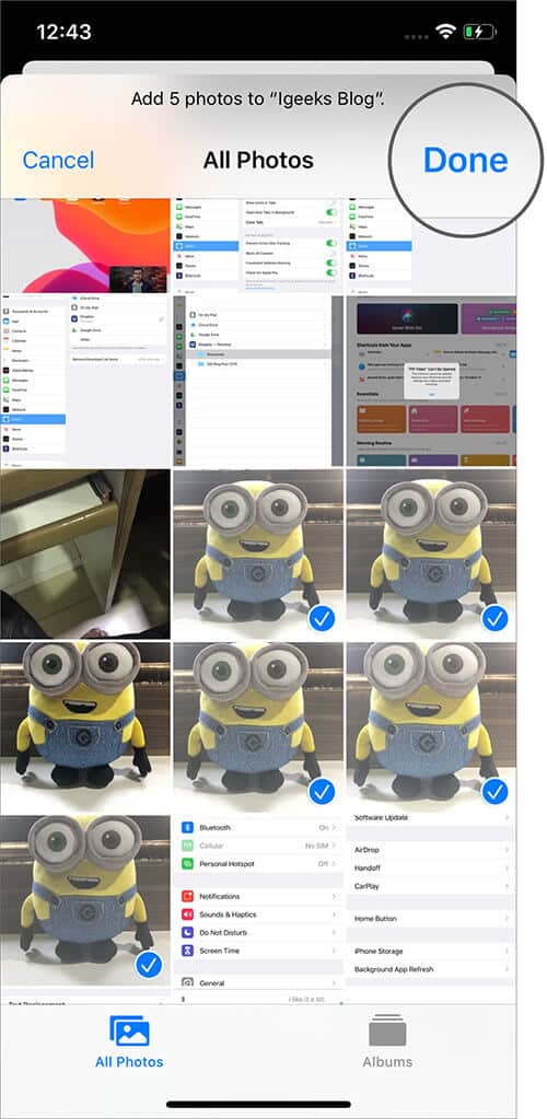 Choose Images and Tap on Done to Add them in New Photos Album in iOS 13 Device