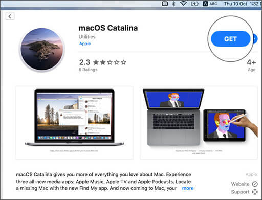 Click on Get to Download macOS Catalina on Mac