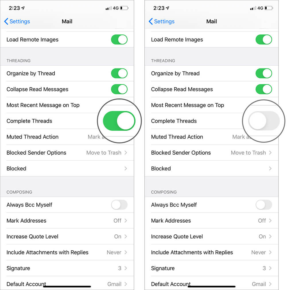 Disable Complete Thread in Threading Option in iOS 13 Mail Settings