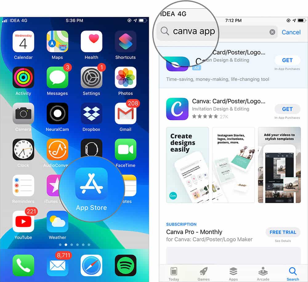 Open App Store and Search Canva App on iPhone