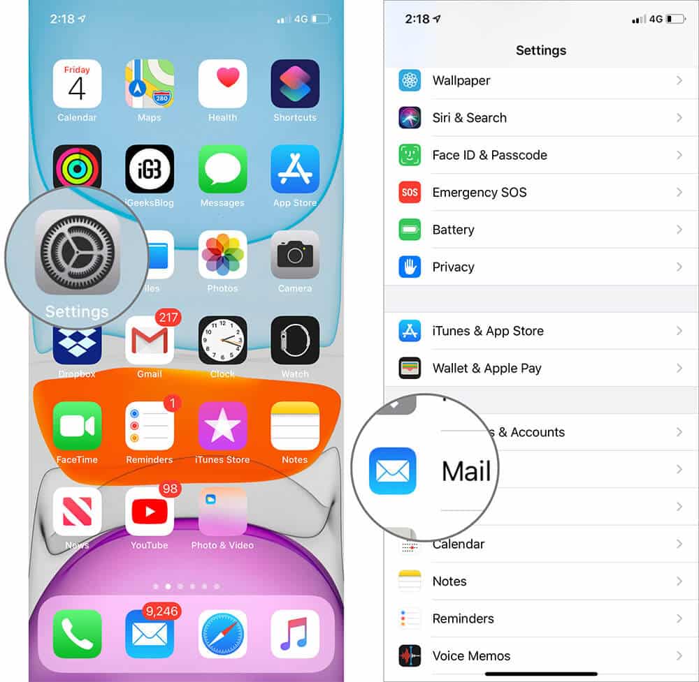 Open Mail App in iOS 13 Settings App on iPhone