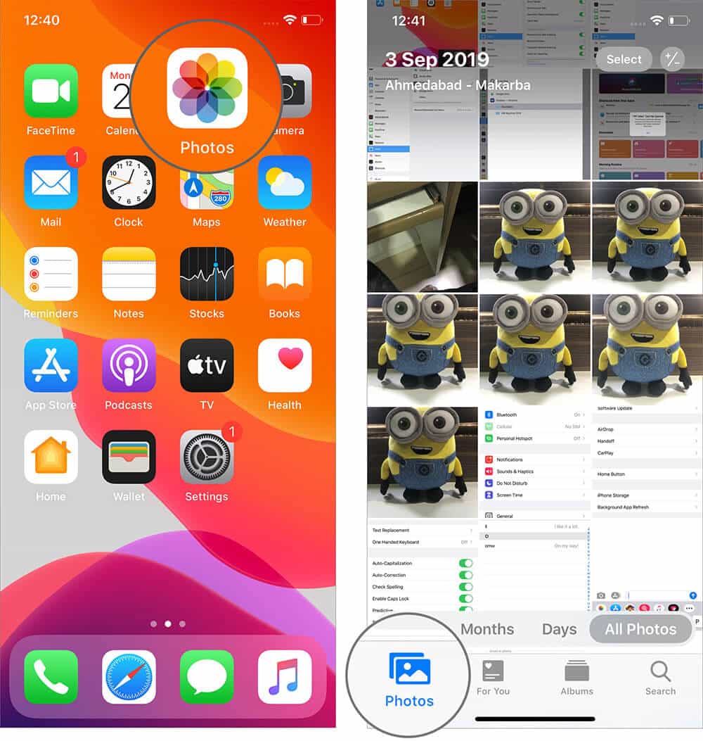Open Photos App and Tap Photos in iOS 13 on iPhone