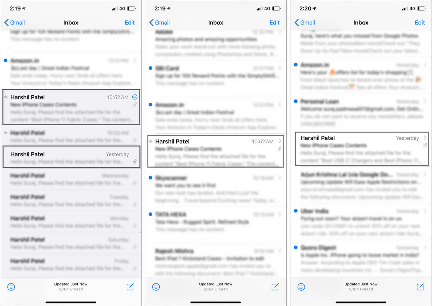 Preview of iOS 13 Mail App Before and After Disable Organise by Thread on iPhone