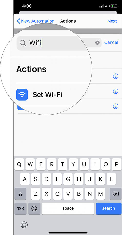 Search WiFi and choose Set Wi-Fi in iOS 13 Automation Shortcut