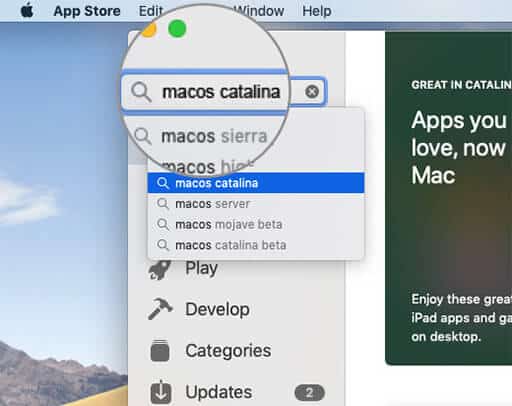 Search macOS Catalina in App Store on Mac