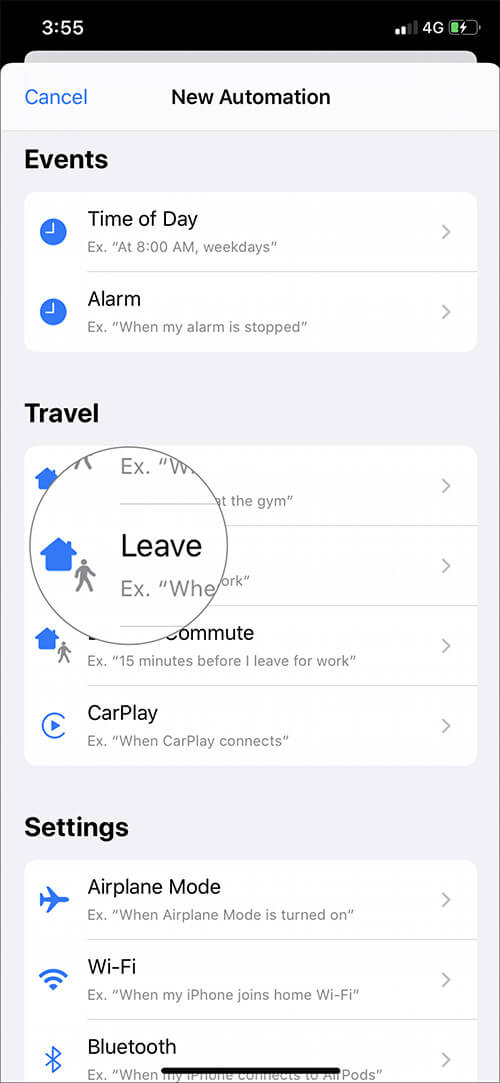 Select Leave Under Travel in iOS 13 Automation Shortcut