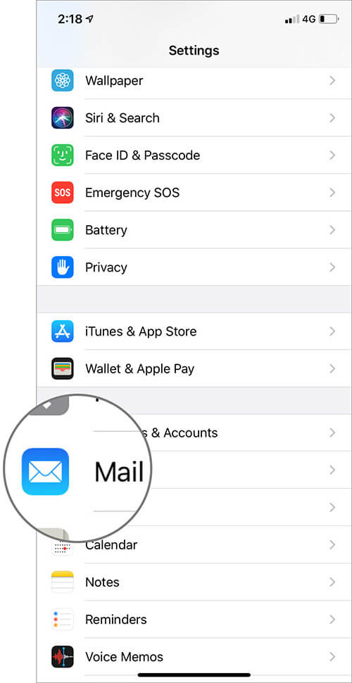 Select Mail in iOS 13 Settings App on iPhone