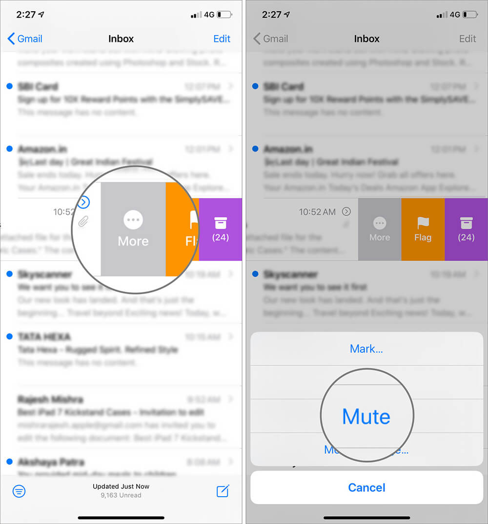 Select More and Tap on Mute Option To Stop Notification in iOS 13 Mail App