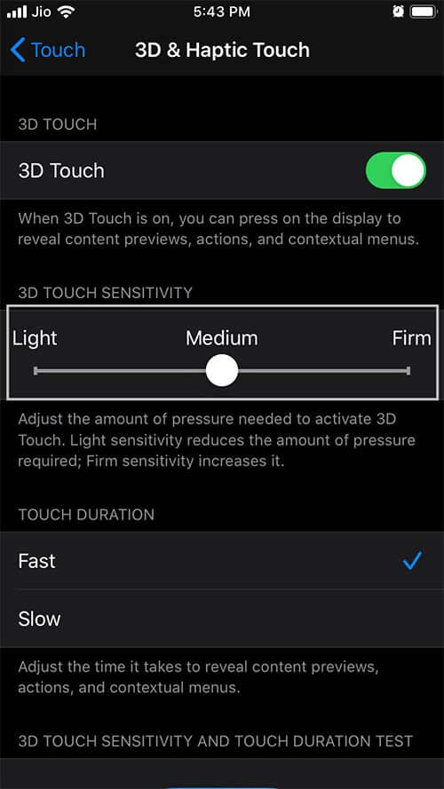 Select Preferred Option to Adjust 3D Touch Sensitivity in iOS 13