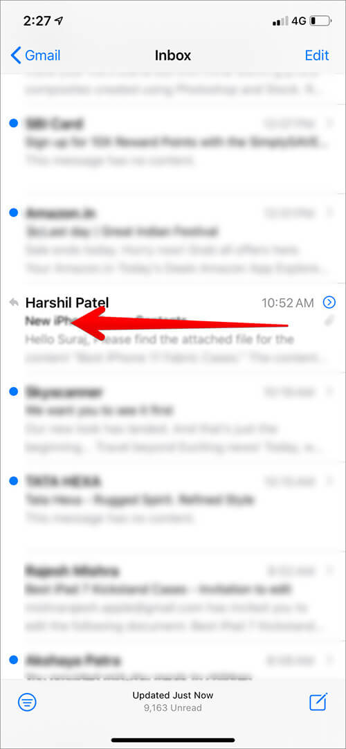Slide Email to Left to Open Option in iOS 13 Mail App on iPhone