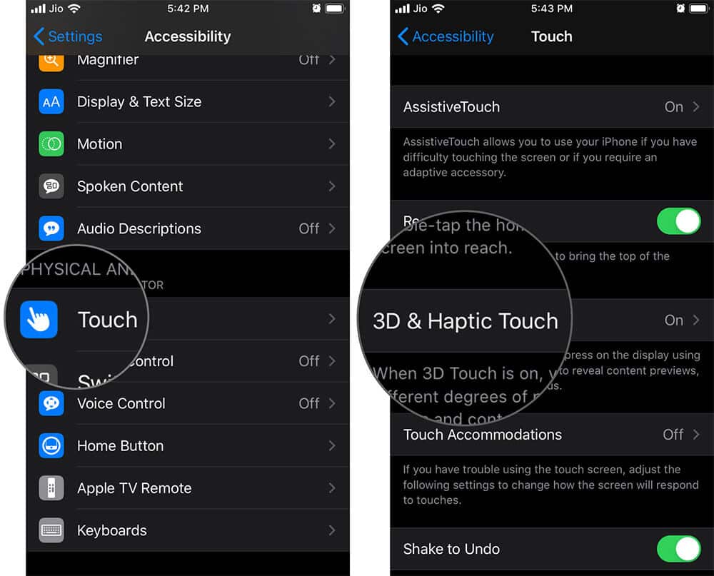 Tap on 3D Touch & Haptic Touch in Accessibility on iOS 13 Running iPhone
