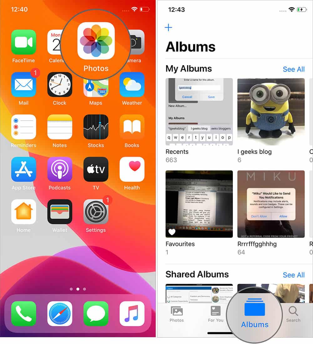 Tap on Albums in iOS 13 Photos App on iPhone