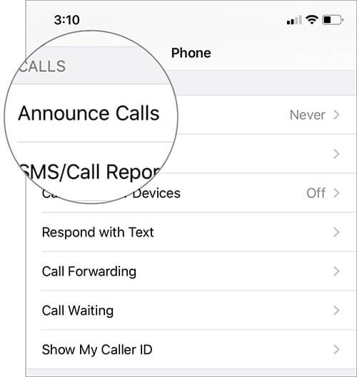 Tap on Announce Calls in Phone Settings on iPhone