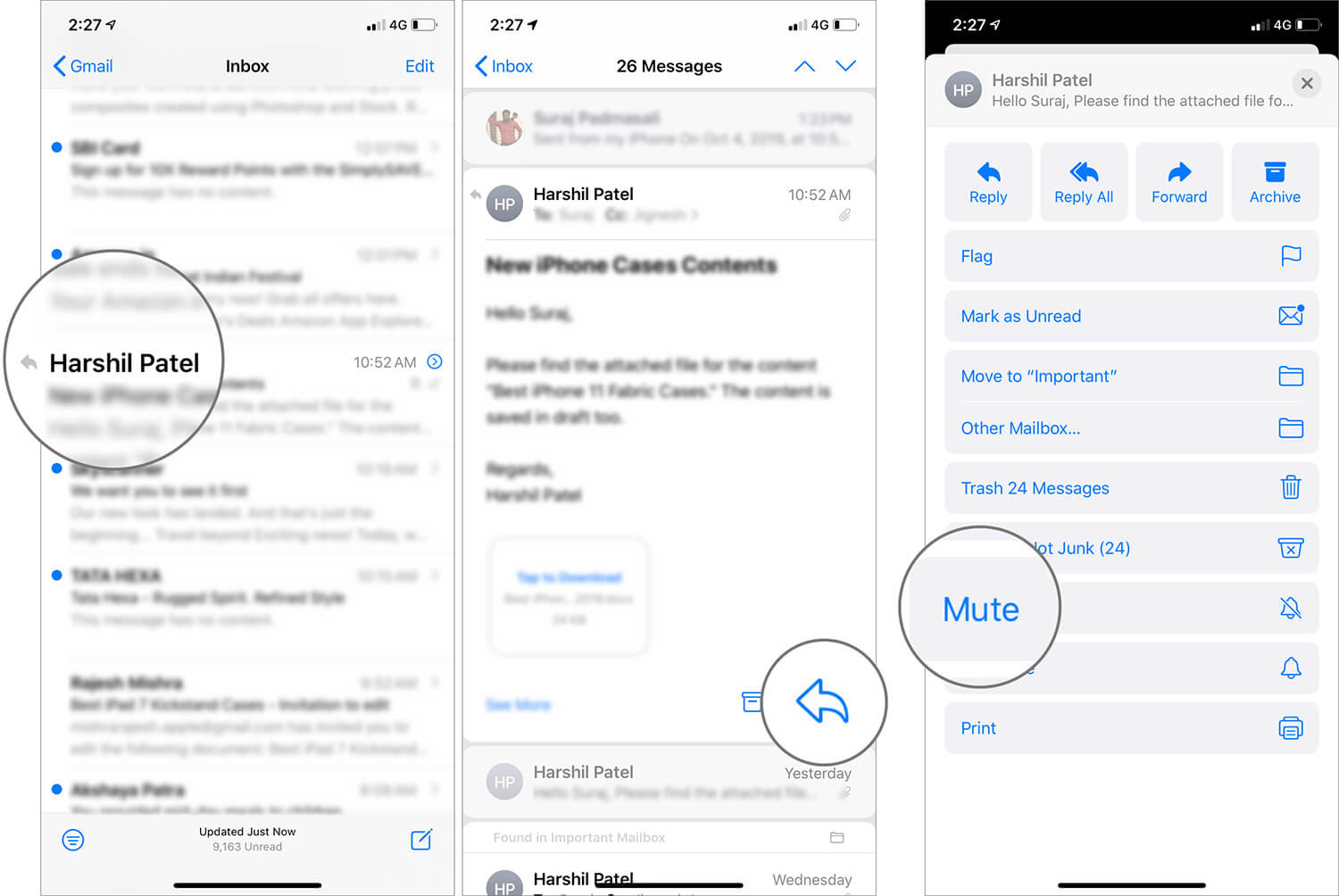 Tap on arrow icon and scroll down to choose mute in ios 13 mail app