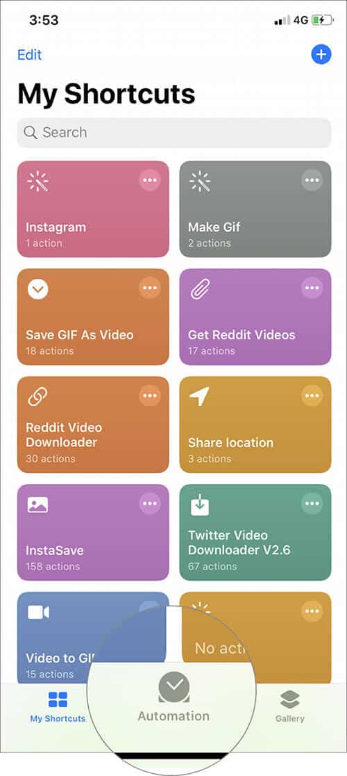 Tap on automation in ios 13 shortcuts app Tap on Automation in iOS 13 Shortcuts App