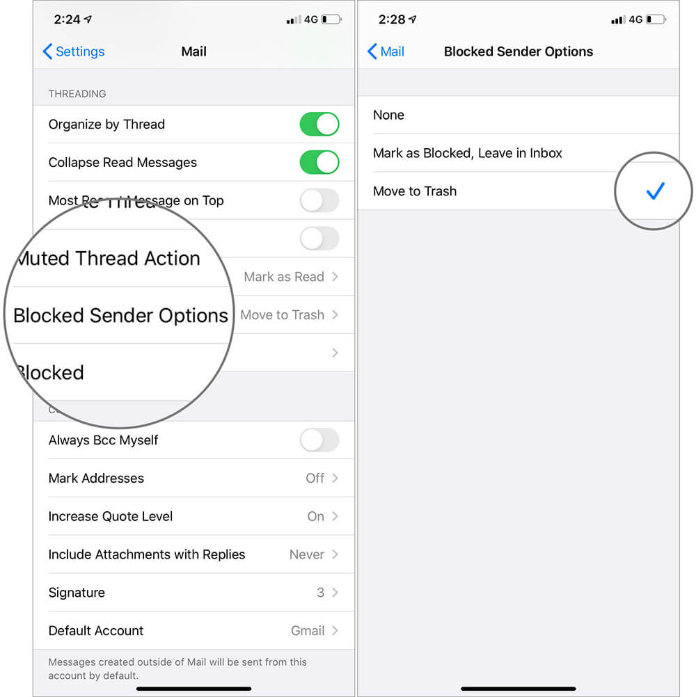Tap on Blocked Sender Options and Choose Preferred Option to Stop Emails in iOS 13 Mail App on iPhone