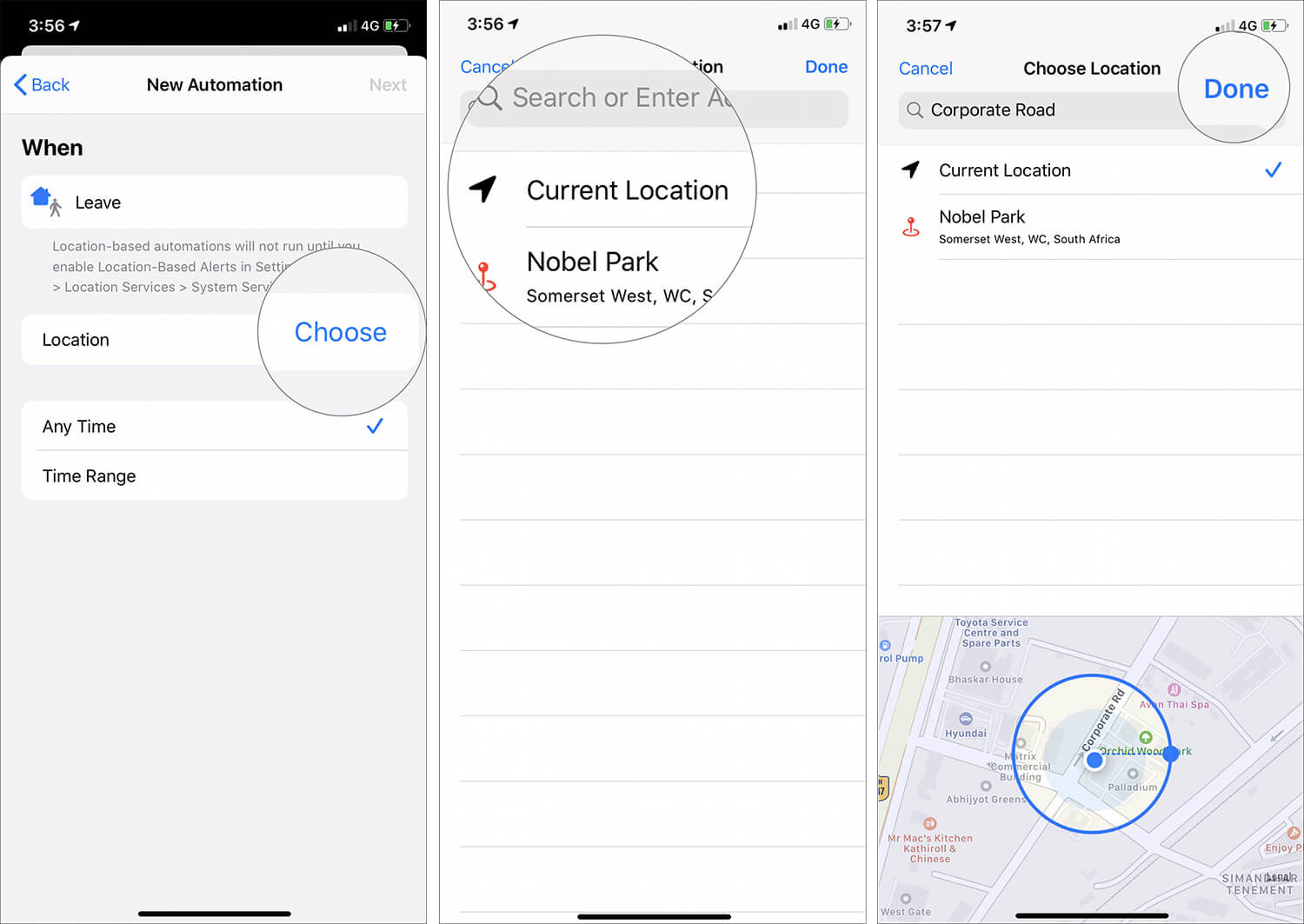 Tap on Choose and Select Current Location in iOS 13 Automation Shortcut