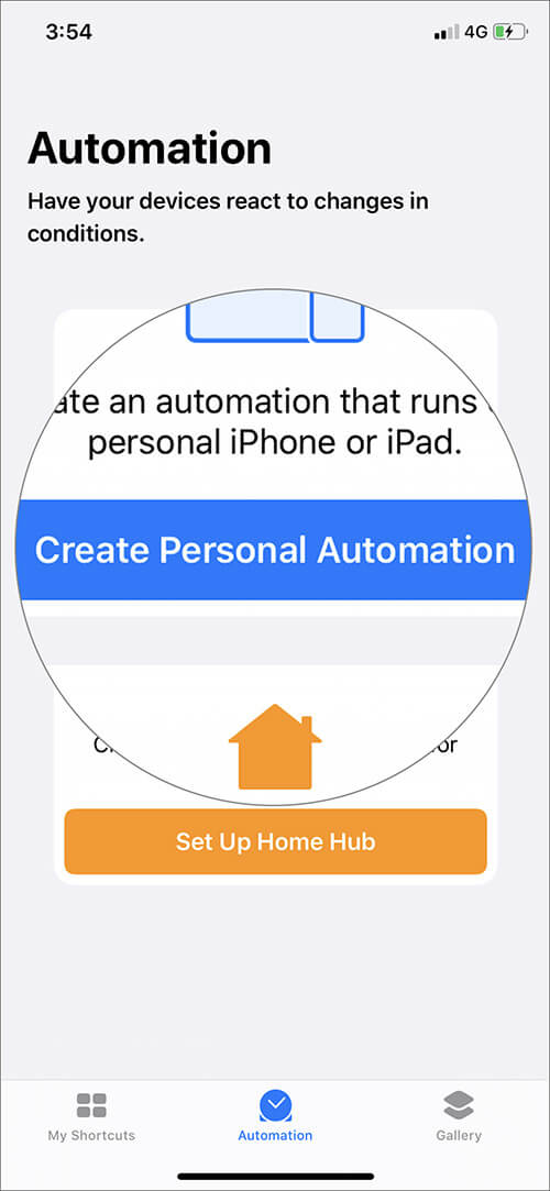 Tap on Create Personal Automation in iOS 13 Shortcuts App