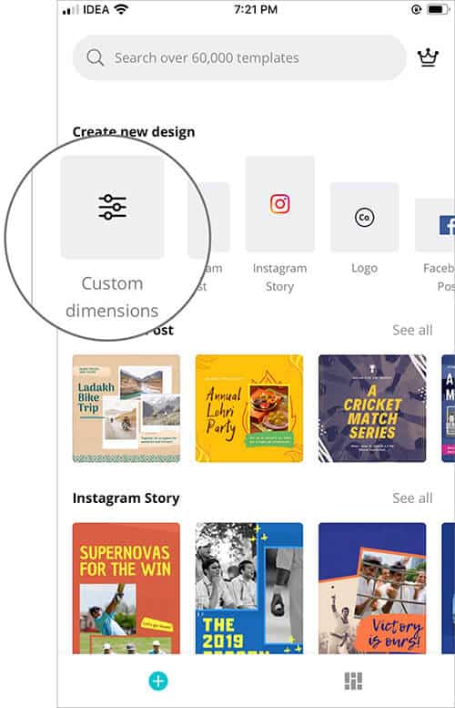 Tap on Custom Dimension in Canva App to Create Wallpaper on iPhone