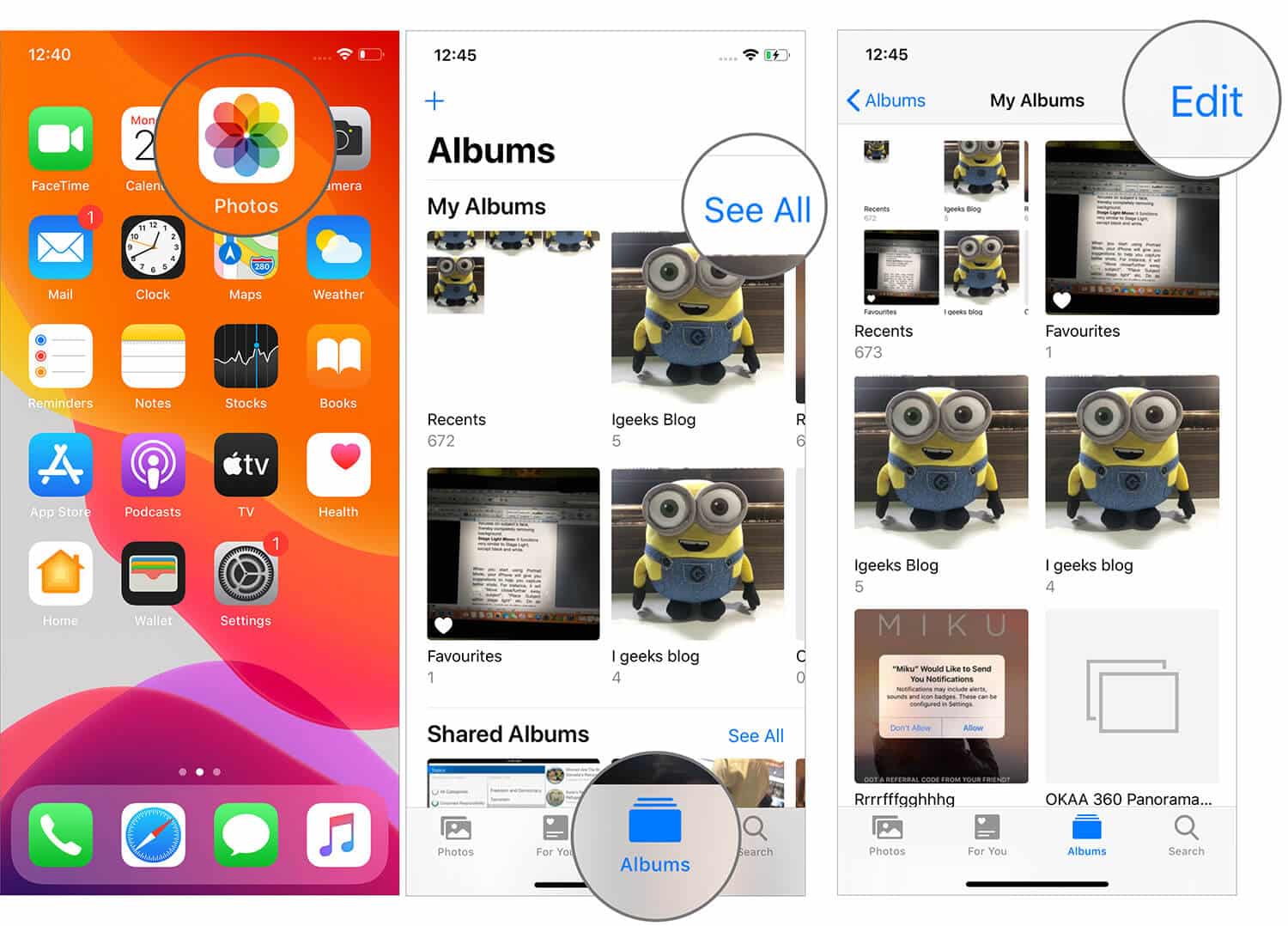 Tap on Edit in Albums Tab in iOS 13 Photos App on iPhone