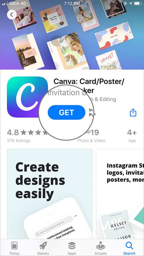 Tap on Get and Download Canva App on iPhone