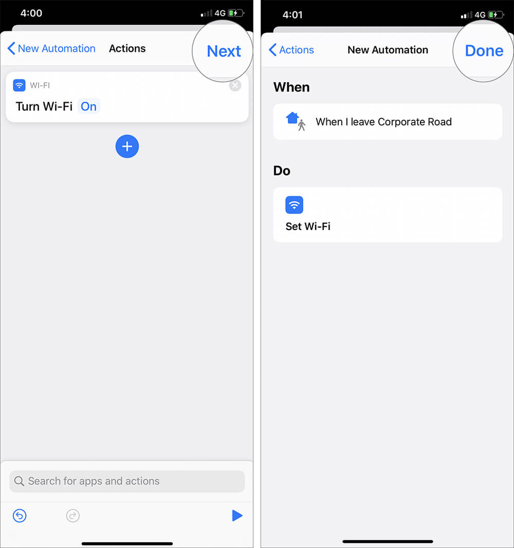 Tap on Next and Done to Create Wi-Fi Automation Shortcuts in iOS 13