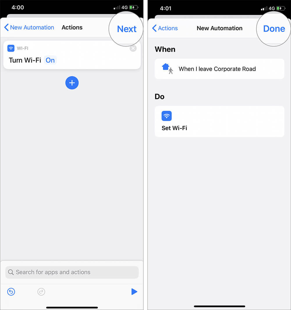 Tap on next and done to create wi fi automation shortcuts in ios 13 Tap on Next and Done to Create Wi-Fi Automation Shortcuts in iOS 13