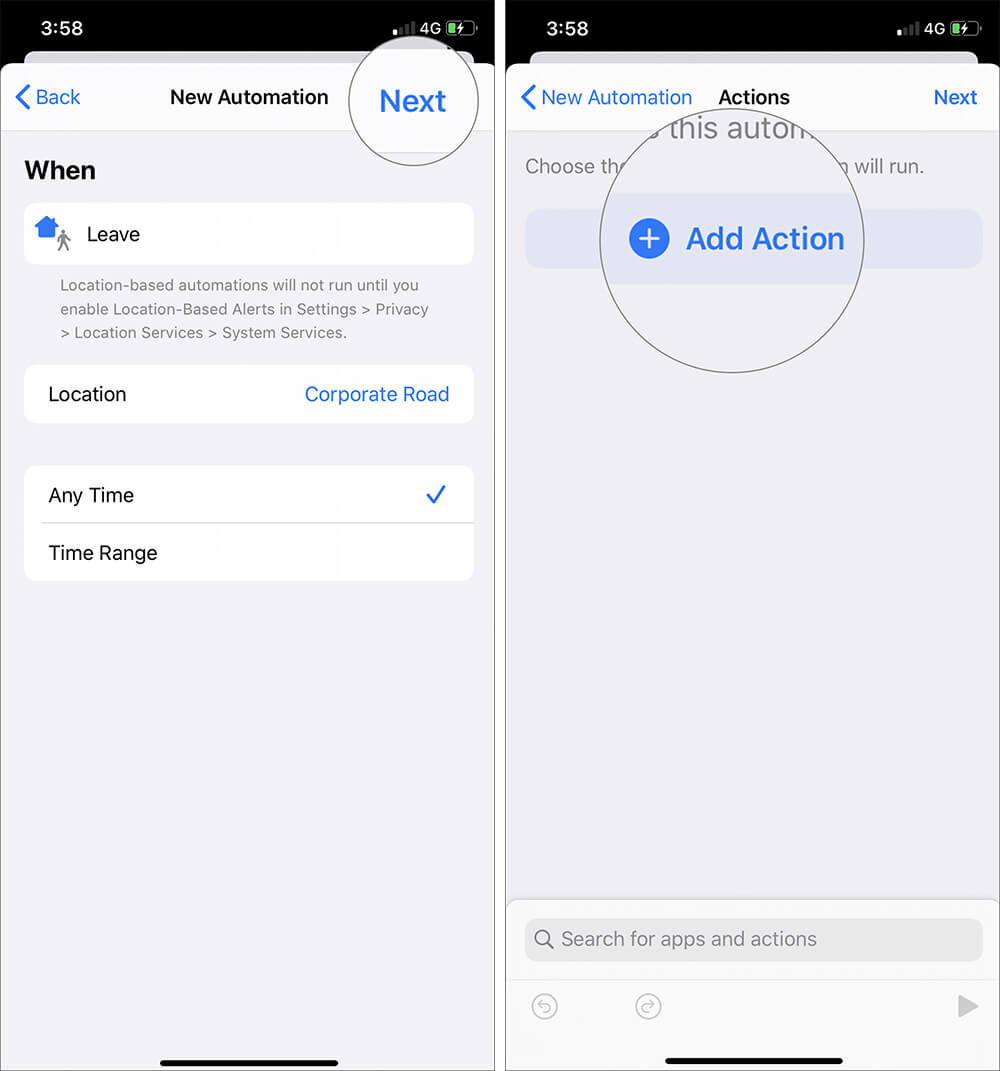 Tap on Next and Select Add Action in iOS 13 Automation Shortcut