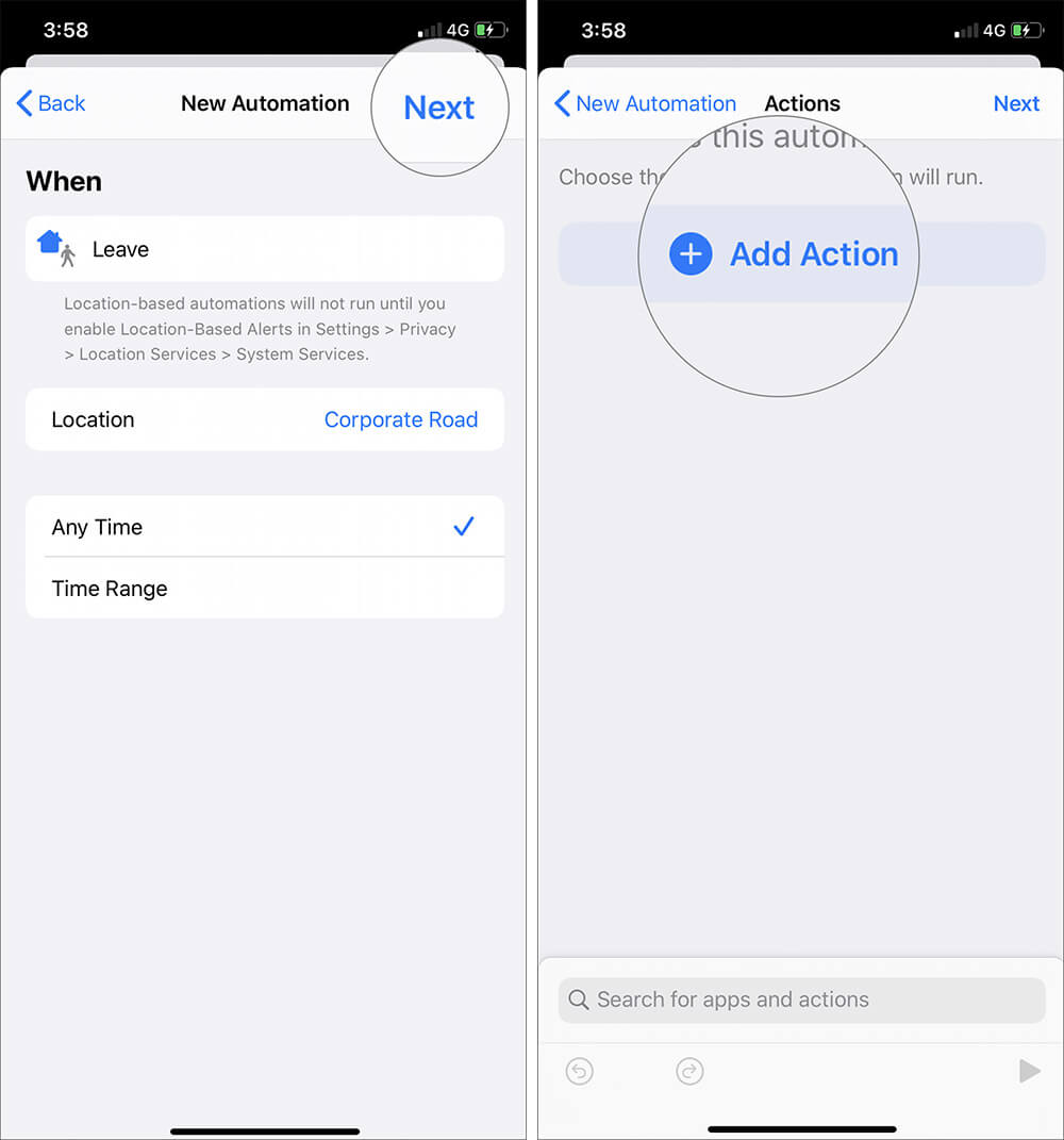 Tap on next and select add action in ios 13 automation shortcut Tap on Next and Select Add Action in iOS 13 Automation Shortcut