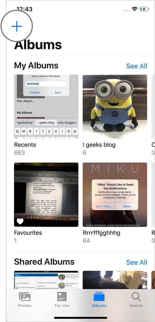 Tap on Plus icon to Create New Album in Photos App on iPhone