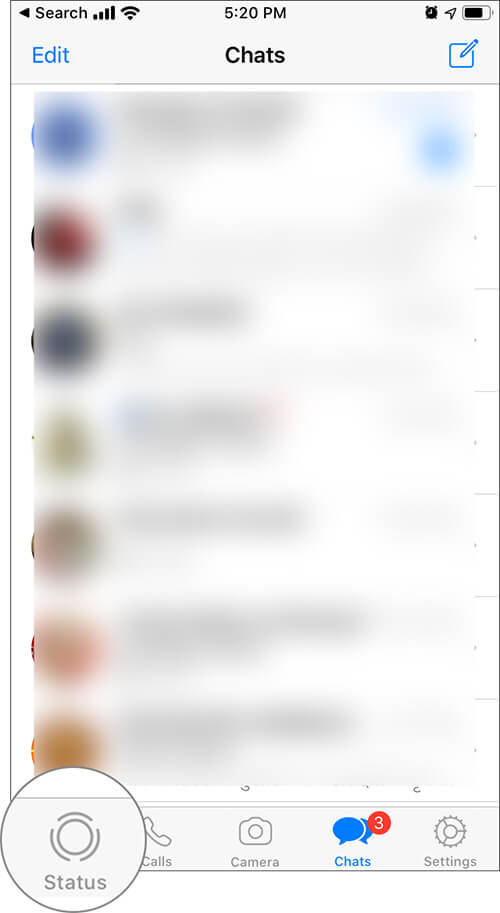 Tap on Status tab to Hide WhatsApp Status from Specific Contacts on iPhone