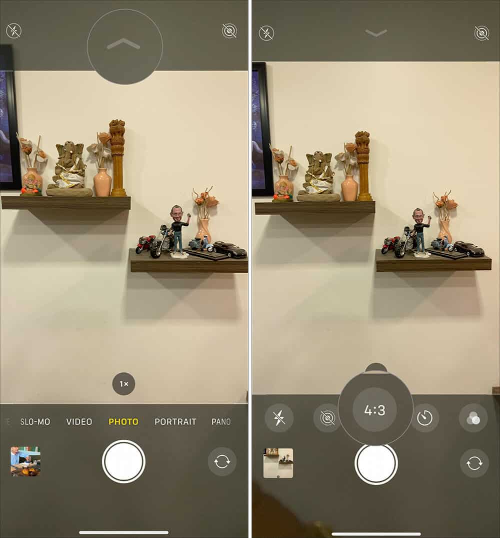 Tap on Tap on up Arrow icon and select size to capture square photos in iPhone 11