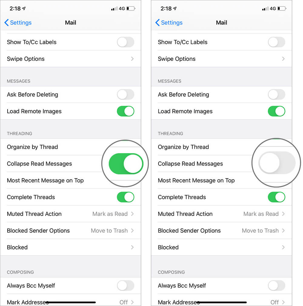 Turn Off Collapse Read Messages in Threading Option in iOS 13 Mail Settings