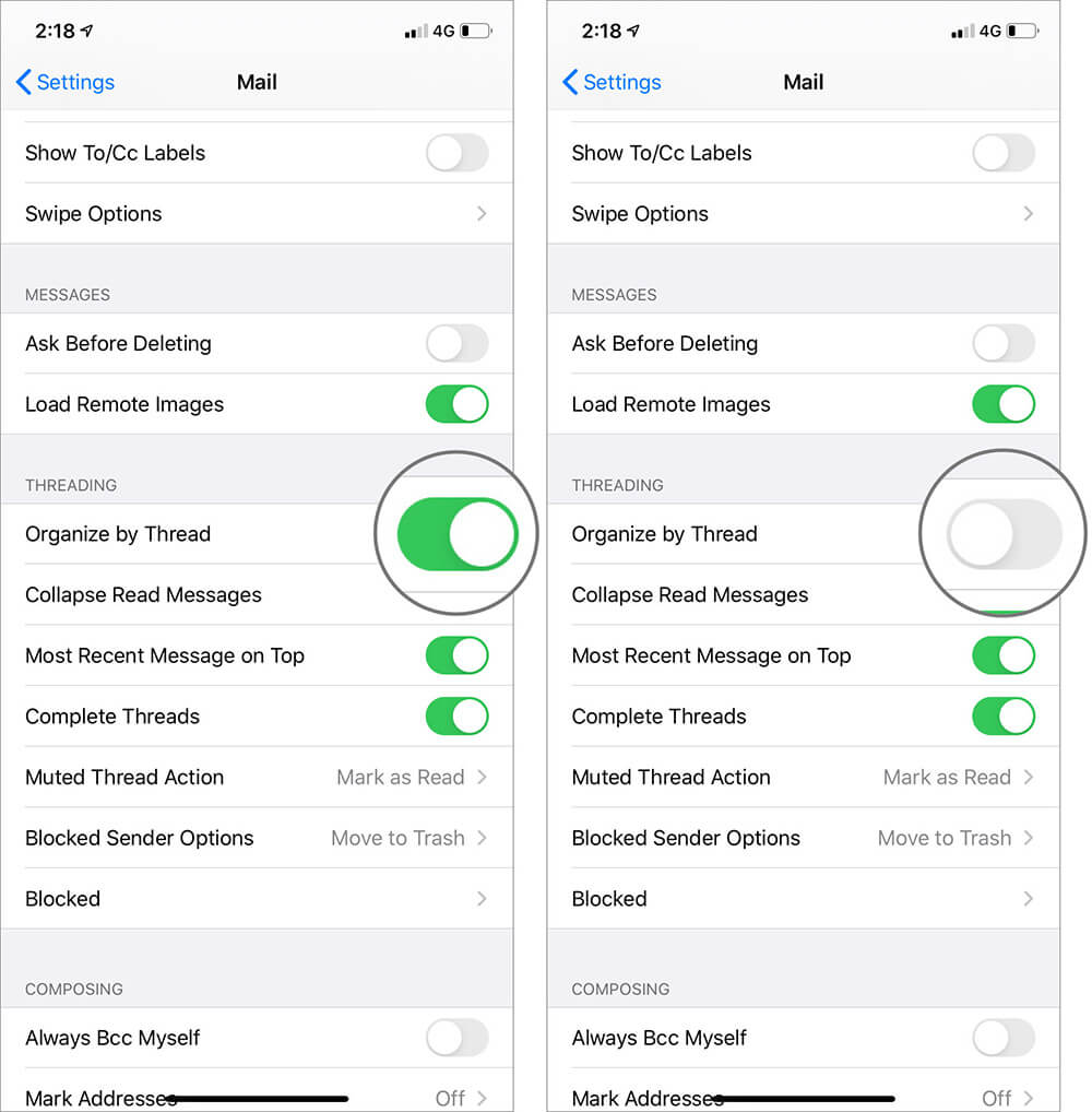 Turn Off Organise by Thread in Threading Options in iOS 13 Mail App on iPhone