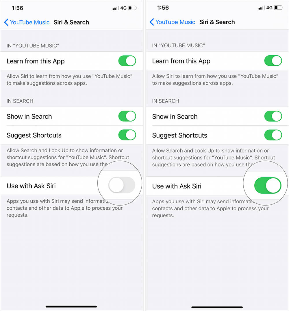 Turn on Use with Ask Siri to Play YouTube Music with Siri in iOS 13