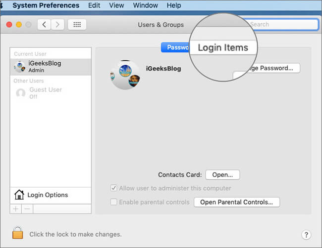 Click on Login Items in User and Groups on Mac