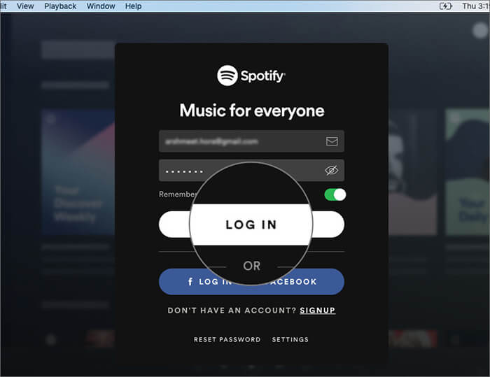 Click on Login in Spotify App on Mac