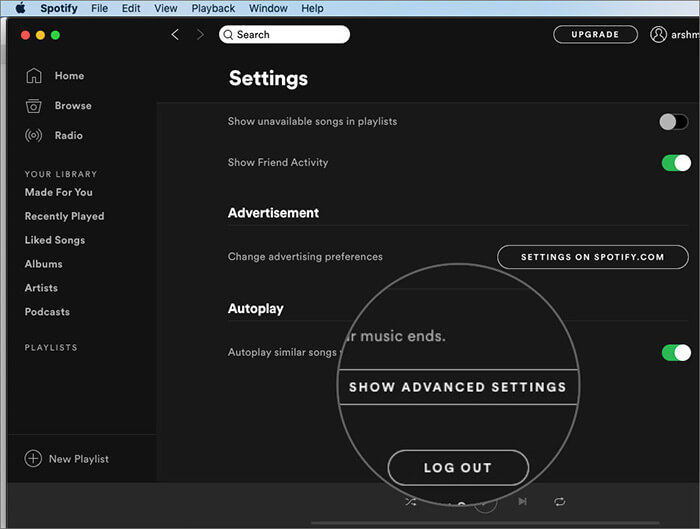 Click on Show Advanced Settings in Spotify Preference on Mac