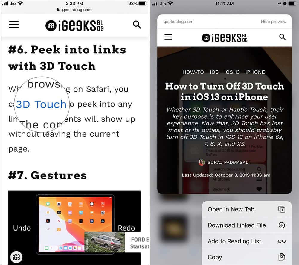 Open Webpage and Touch hold Hyperlink to Disable Link Preview in iOS 13