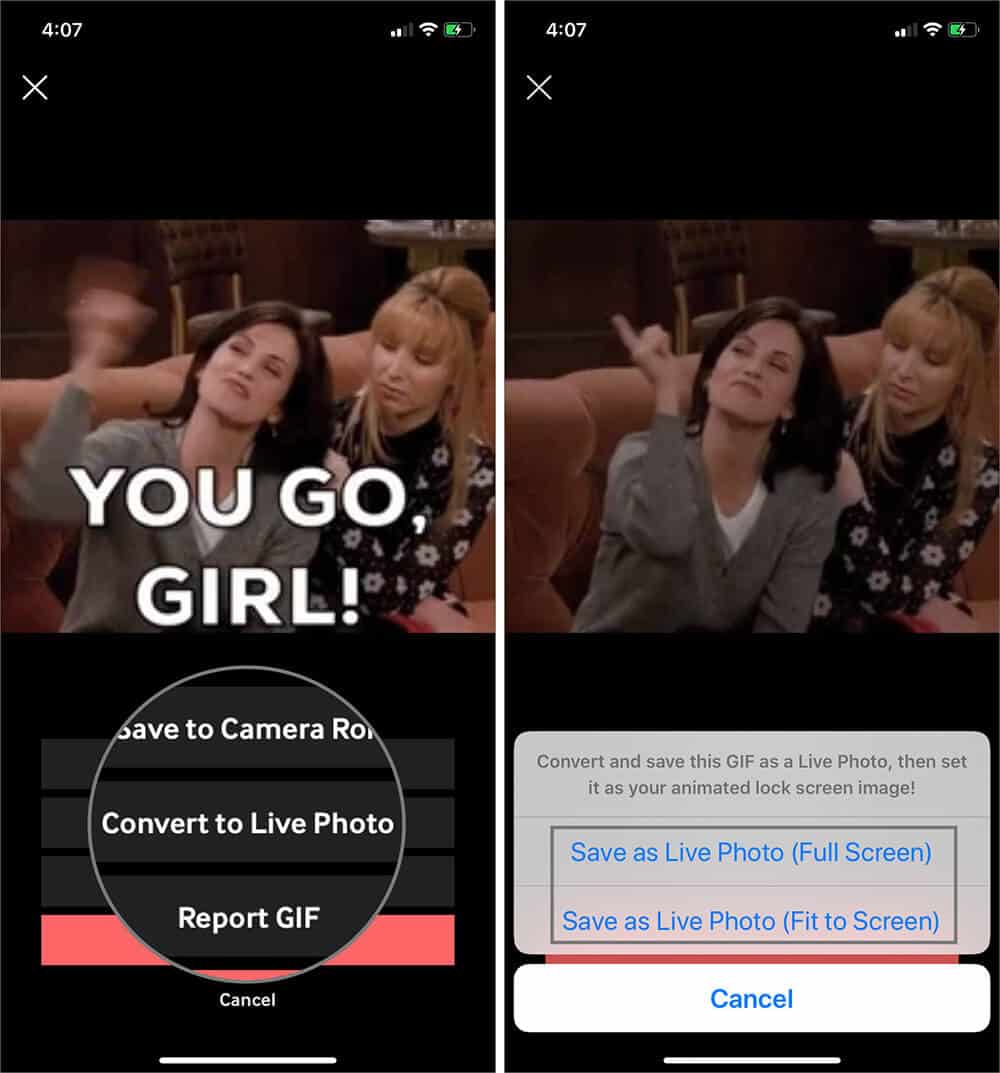 Select Convert to Live Photo and Choose Preferred Option in GIPHY App on iPhone