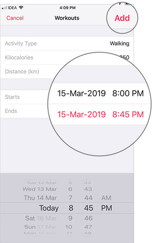 Select Start and End Time Under Workouts in iOS Health App