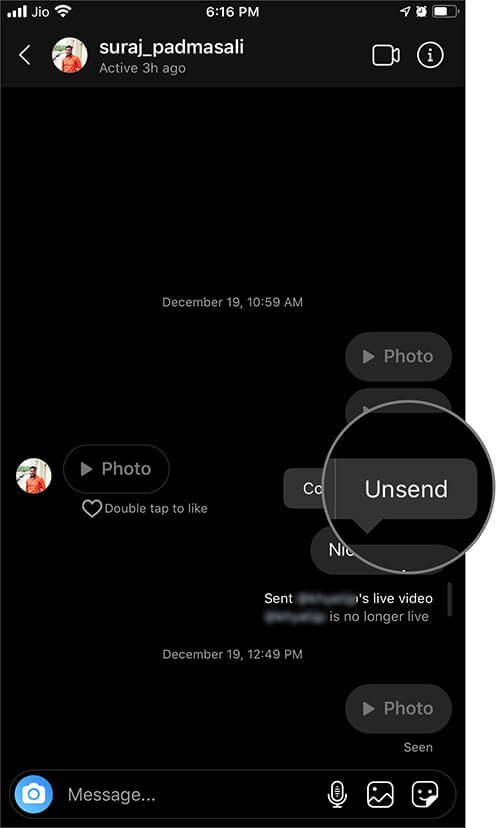 Select Unsend Message in Instagram App on iPhone