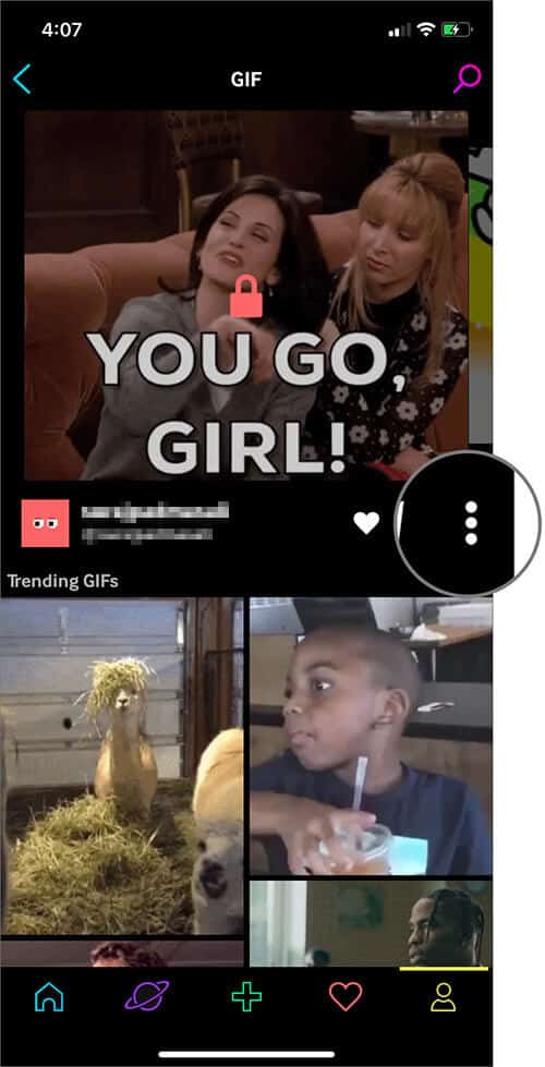 Tap on Hamburger icon Below GIF in GIPHY on iPhone