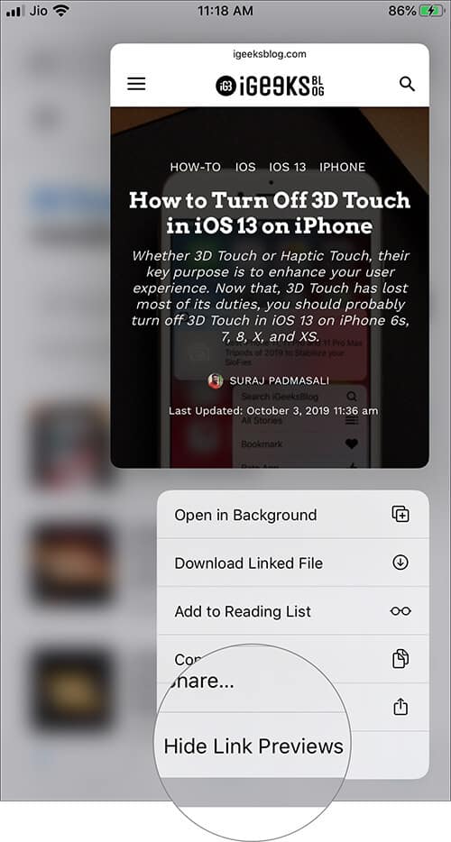 Tap on Hide Link Previews to Disable iOS 13 Safari Link Preview on iPhone