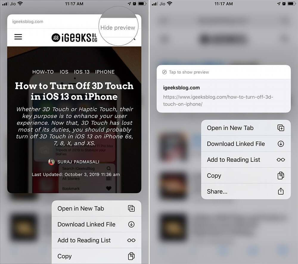 Tap on Hide Preview to Disable Link Preview in Safari in iOS 13