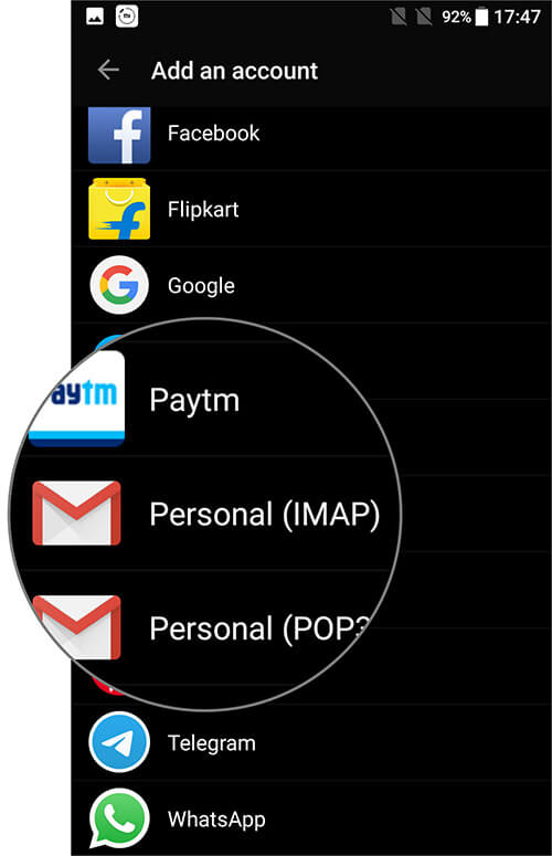 Tap on Personal IMAP to Add iCloud Email Account to Android